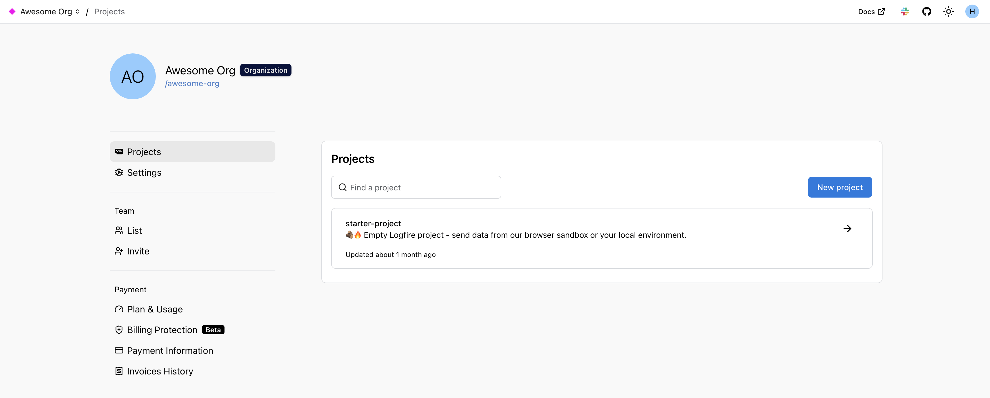Organization projects page after conversion